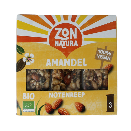 Zonnatura Muesli Notenmix Reep met amandel, organic snack bar, 3x25g packs, showing a close-up of the nut-filled muesli bar