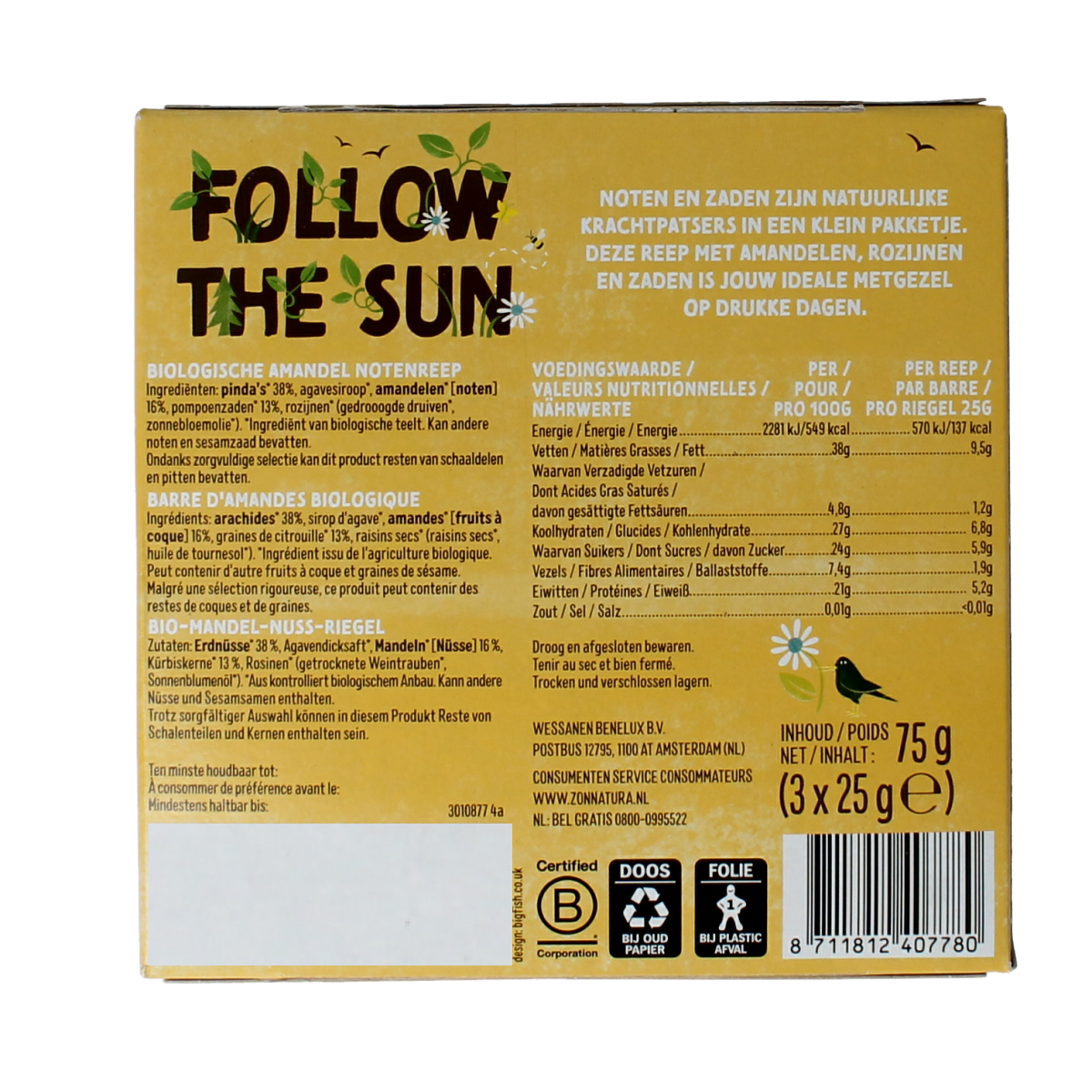 Zonnatura Muesli notenmix reep met amandel, bio snack, 3x25g, packaged snack bar with nuts and almonds.