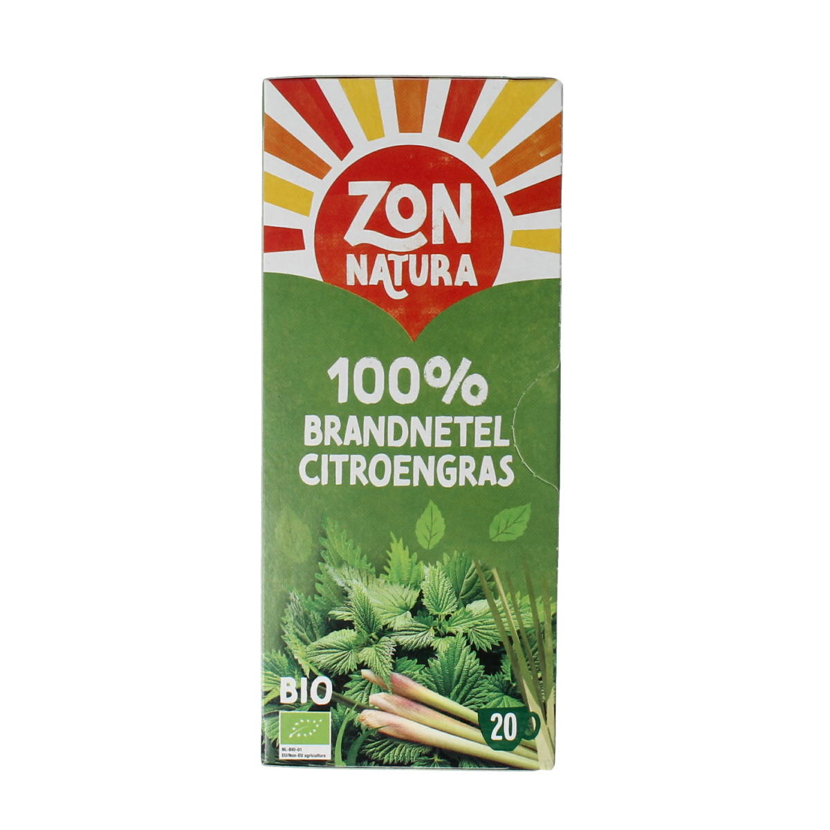 Zonnatura Brandnetel Citroengras Bio tea bags in a box, natural herbal blend with fresh lemon grass and nettle, 20 tea bags.