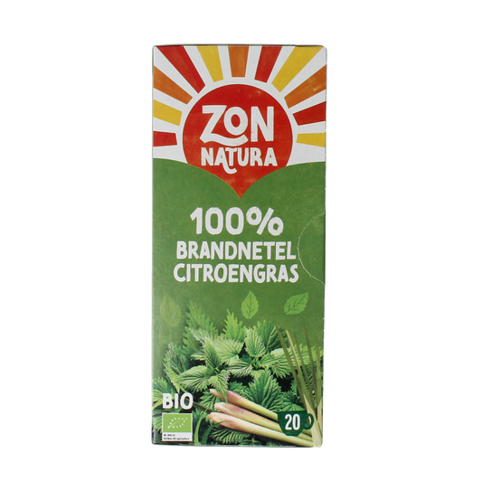 Zonnatura Brandnetel Citroengras Bio tea bags in a box, natural herbal blend with fresh lemon grass and nettle, 20 tea bags.