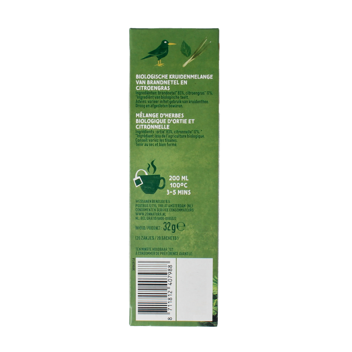 Zonnatura bio Brandnetel citroengras herbal tea in a 20-pack, featuring fresh herbs and lemon grass ingredients in a tea bag.