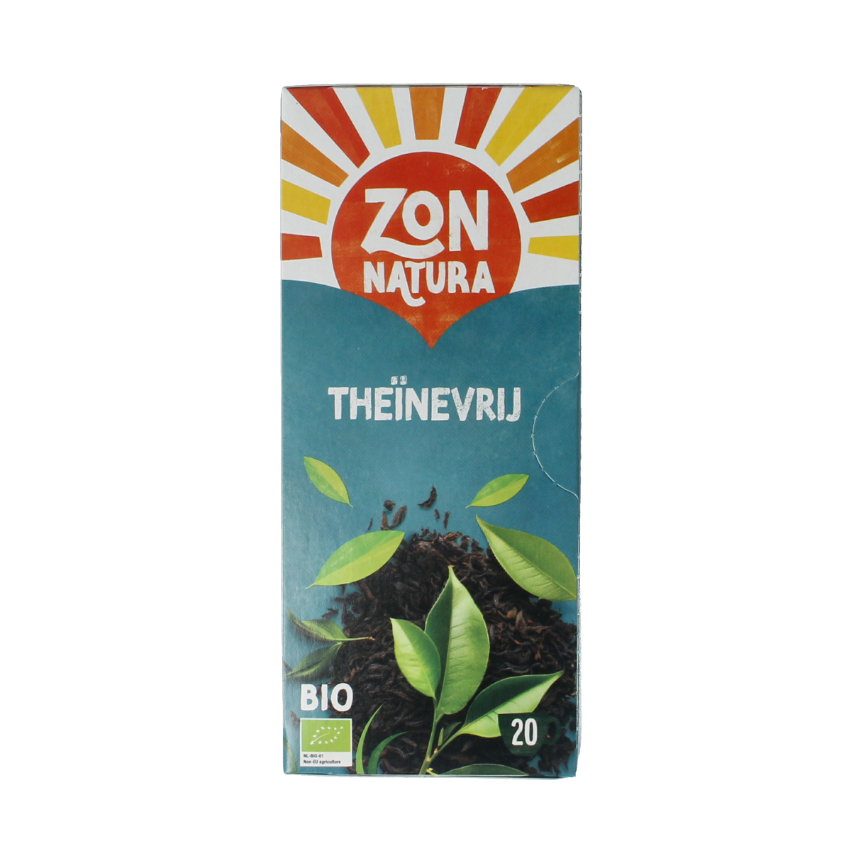 Zonnatura Theinevrije thee bio 20 zakjes in a box, organic caffeine-free herbal tea from Zonnatura, with tea bags arranged neatly