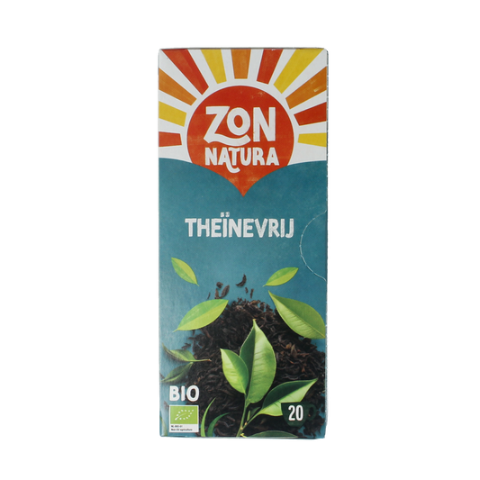 Zonnatura Theinevrije thee bio 20 zakjes in a box, organic caffeine-free herbal tea from Zonnatura, with tea bags arranged neatly