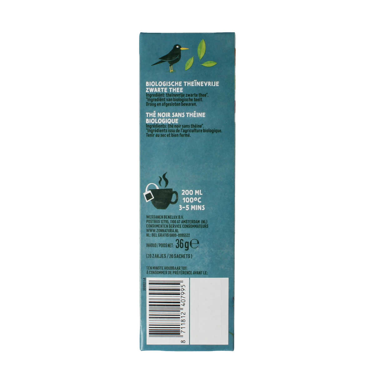 Zonnatura Theinevrije biologische thee in a box of 20 tea bags, natural herbal tea for caffeine-free enjoyment.