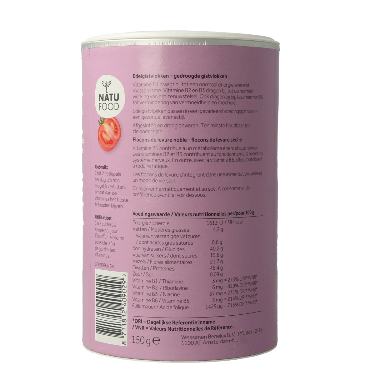 Natufood Edelgistvlokken 150g, golden nutritional yeast flakes in a clear container, ideal for baking and cooking.