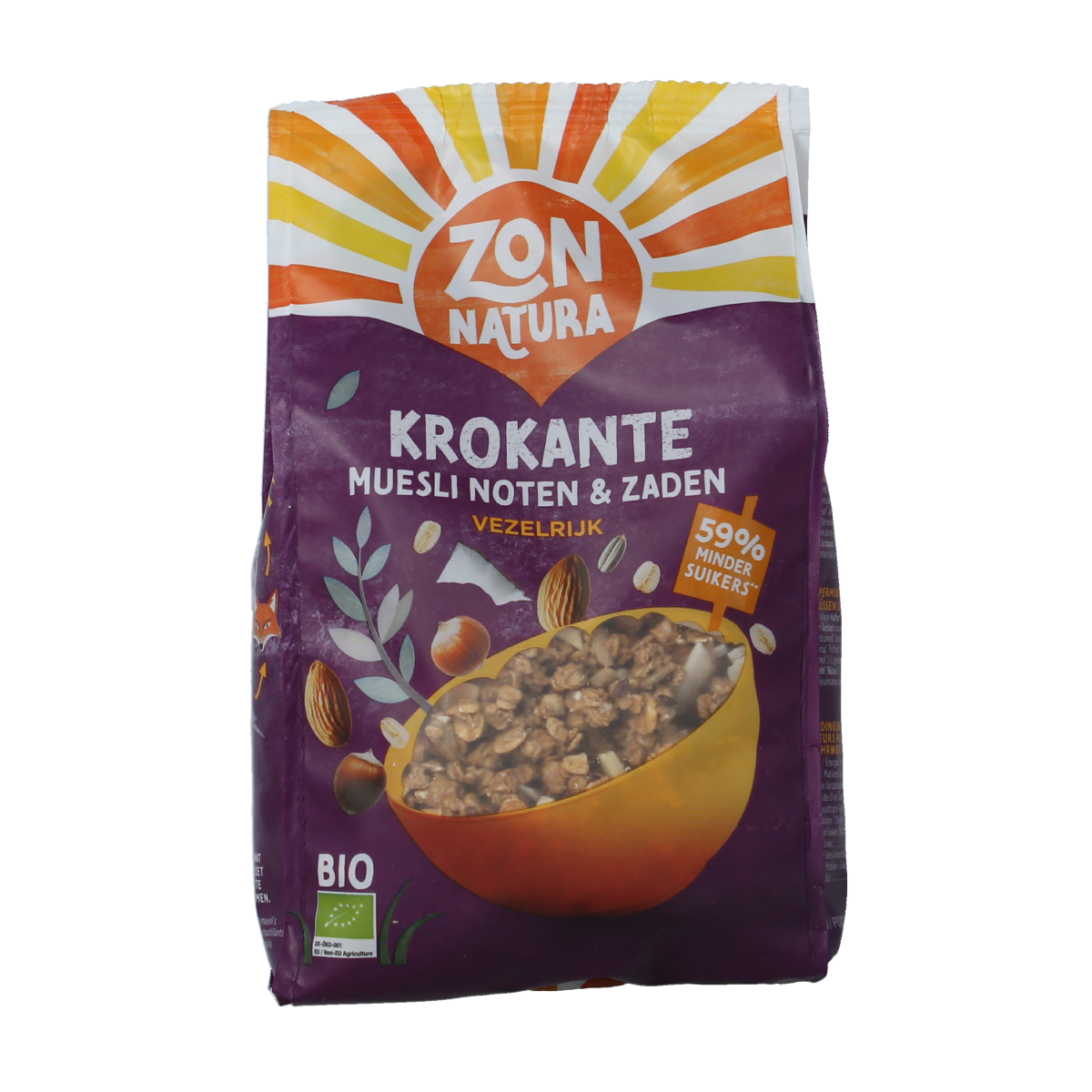 Zonnatura Krokante muesli noten en zaden bio, crunchy breakfast cereal with mixed nuts and seeds in a 375g package.