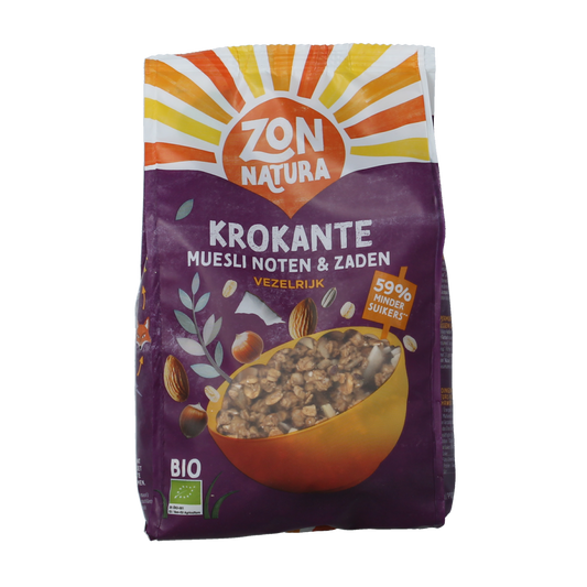 Zonnatura Krokante muesli noten en zaden bio, crunchy breakfast cereal with mixed nuts and seeds in a 375g package.