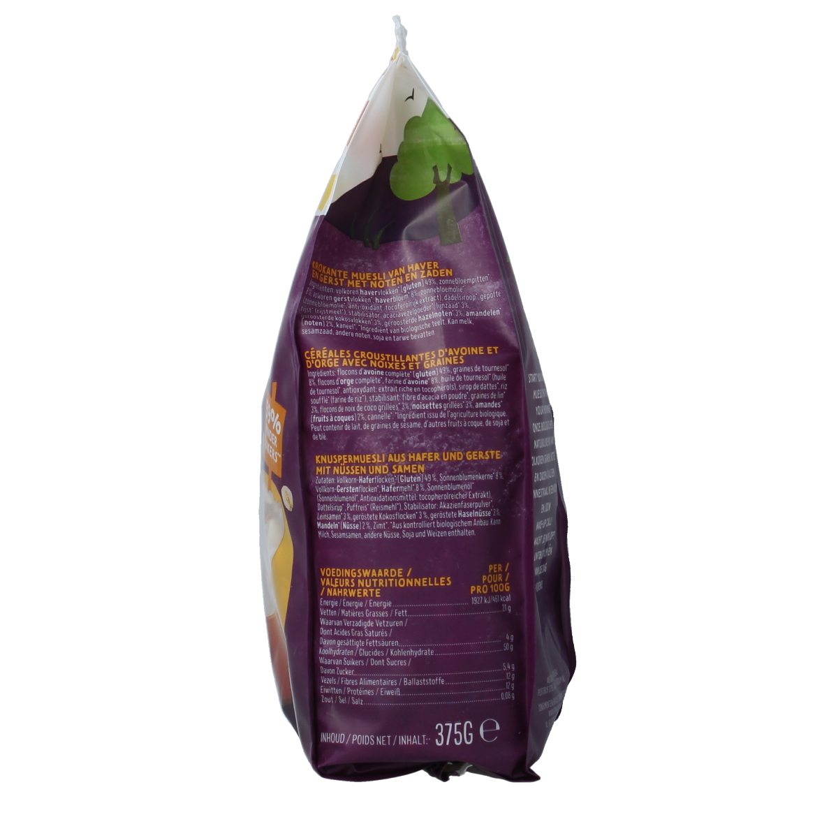 Zonnatura Krokante muesli noten en zaden bio ontbijtgranen, 375g package with a mix of crunchy grains, nuts, and seeds.