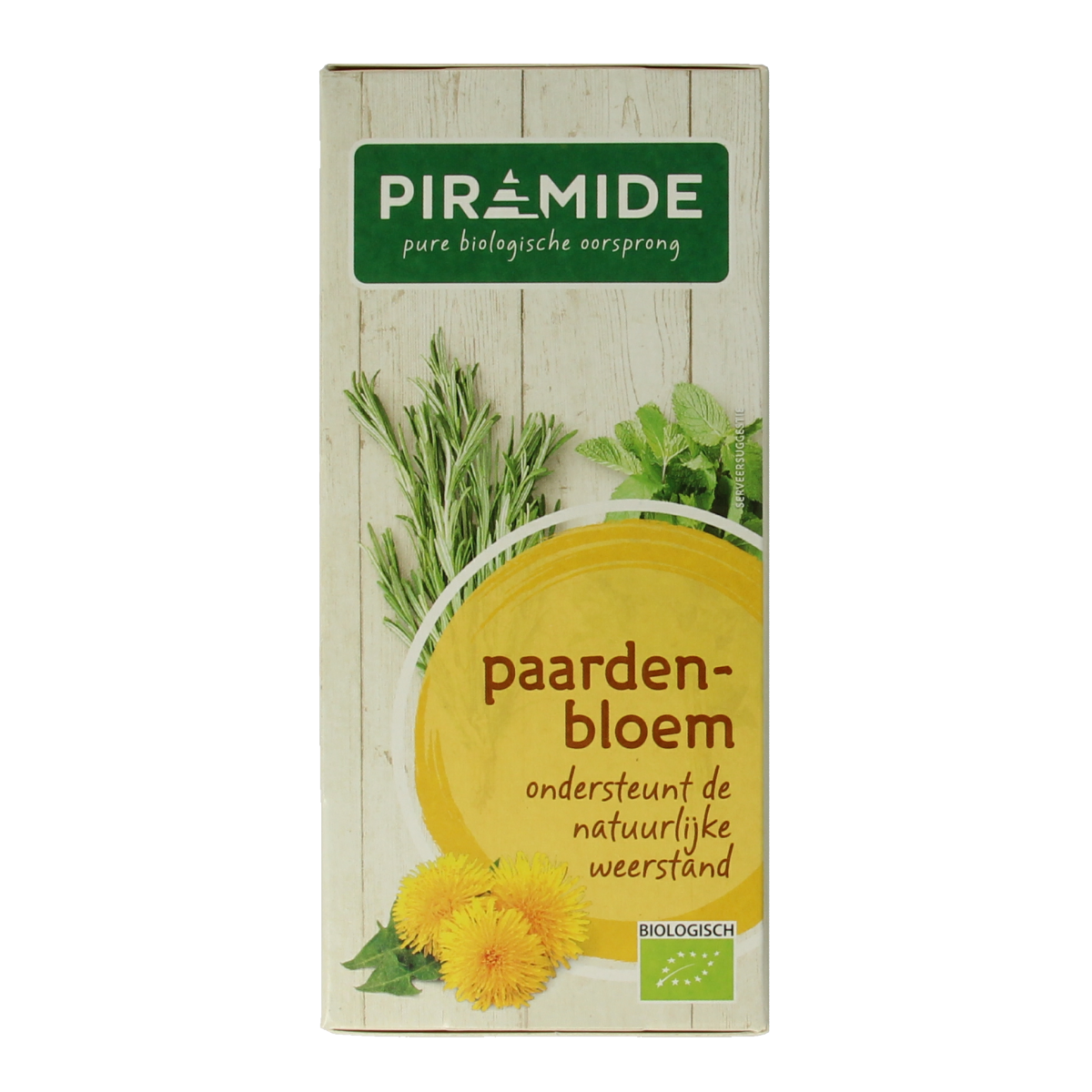 Piramide biologische paardenbloemthee in 20 tea bags, herbal tea with dried flower ingredients.