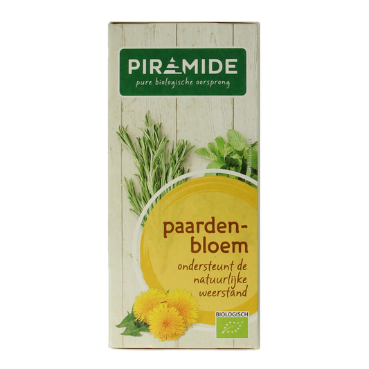 Piramide biologische paardenbloemthee in 20 tea bags, herbal tea with dried flower ingredients.