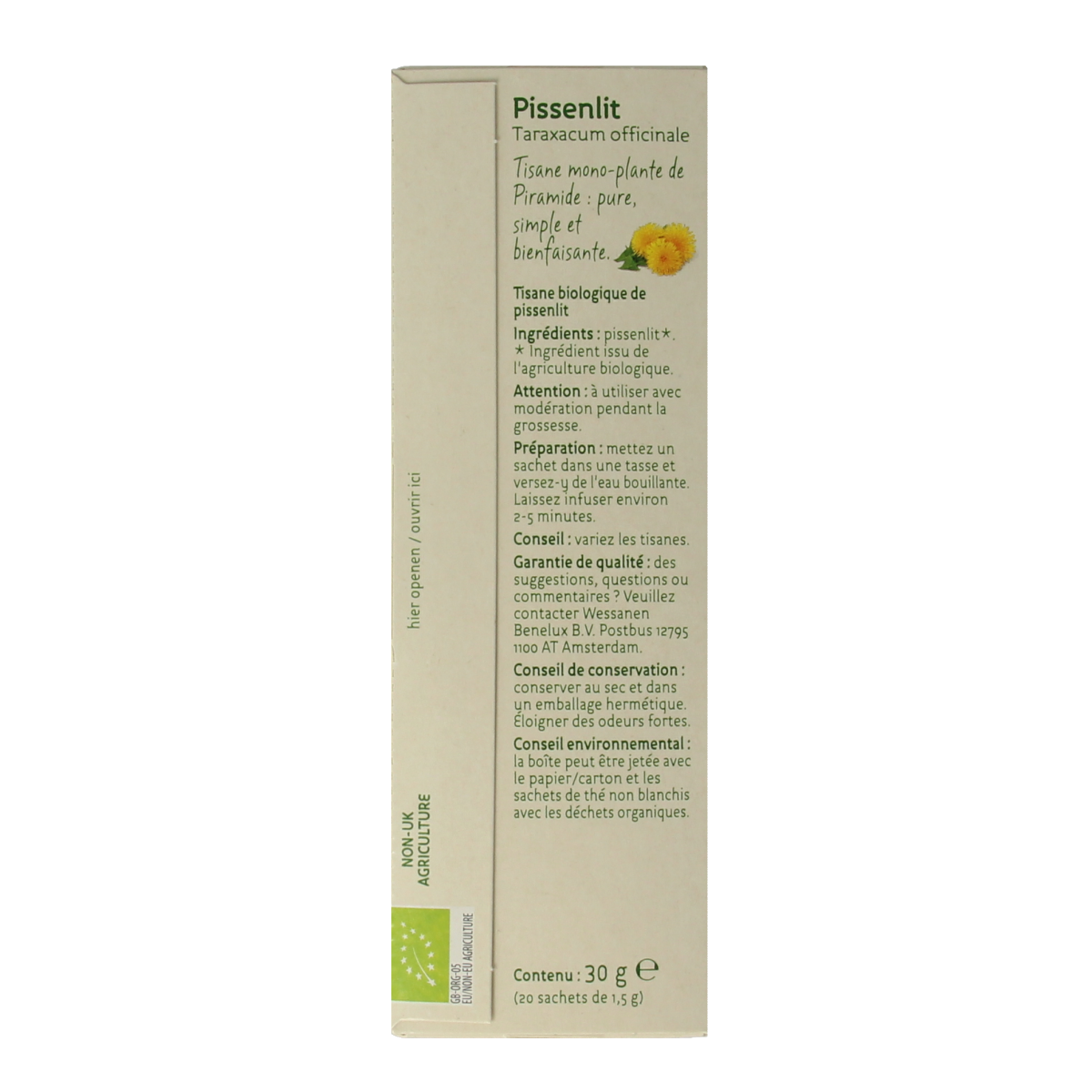 Piramide bio paardenbloem thee teabags, 20 pieces, for natural herbal tea, showing the product packaging with teabag illustration.