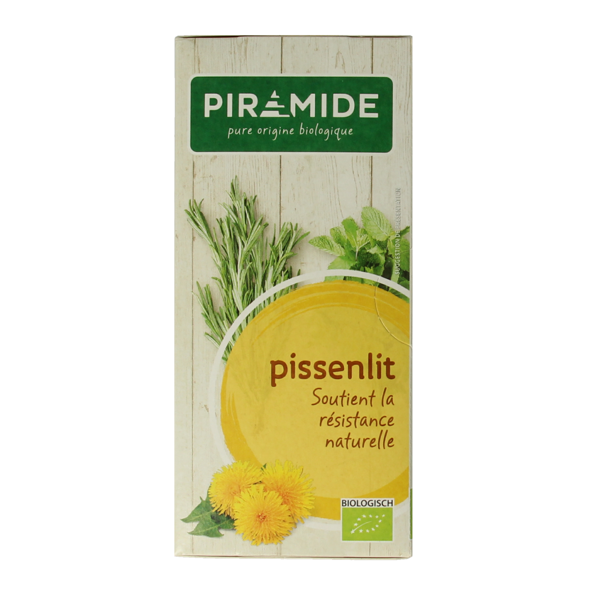 Piramide Bio Paardenbloem thee in 20 tea bags, natural herbal tea with dried calendula flowers, in a box.