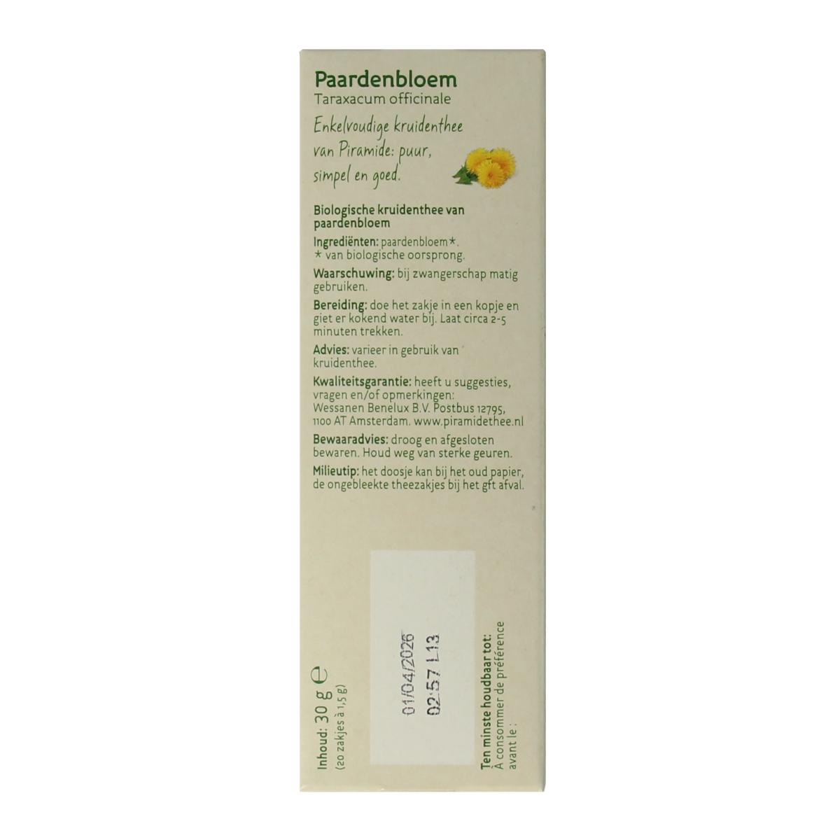 Piramide organic dandelion flower tea pyramid bags, 20 count, in a box with tea pyramids visible.