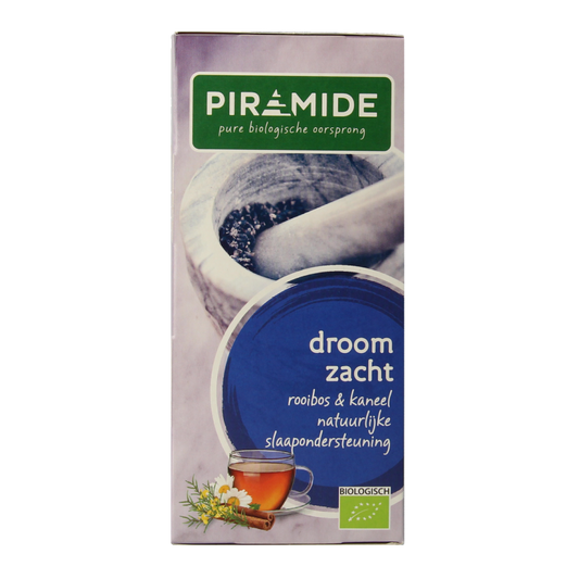 Piramide Droom Zacht Thee bio, 20 tea bags, organic herbal tea in pyramid-shaped infuser bags.