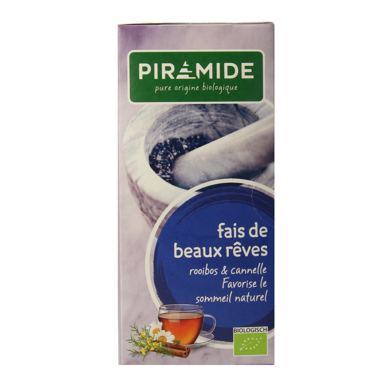 Piramide Droom zacht thee bio, 20 organic tea pyramid bags, fresh and aromatic, in a clear package.