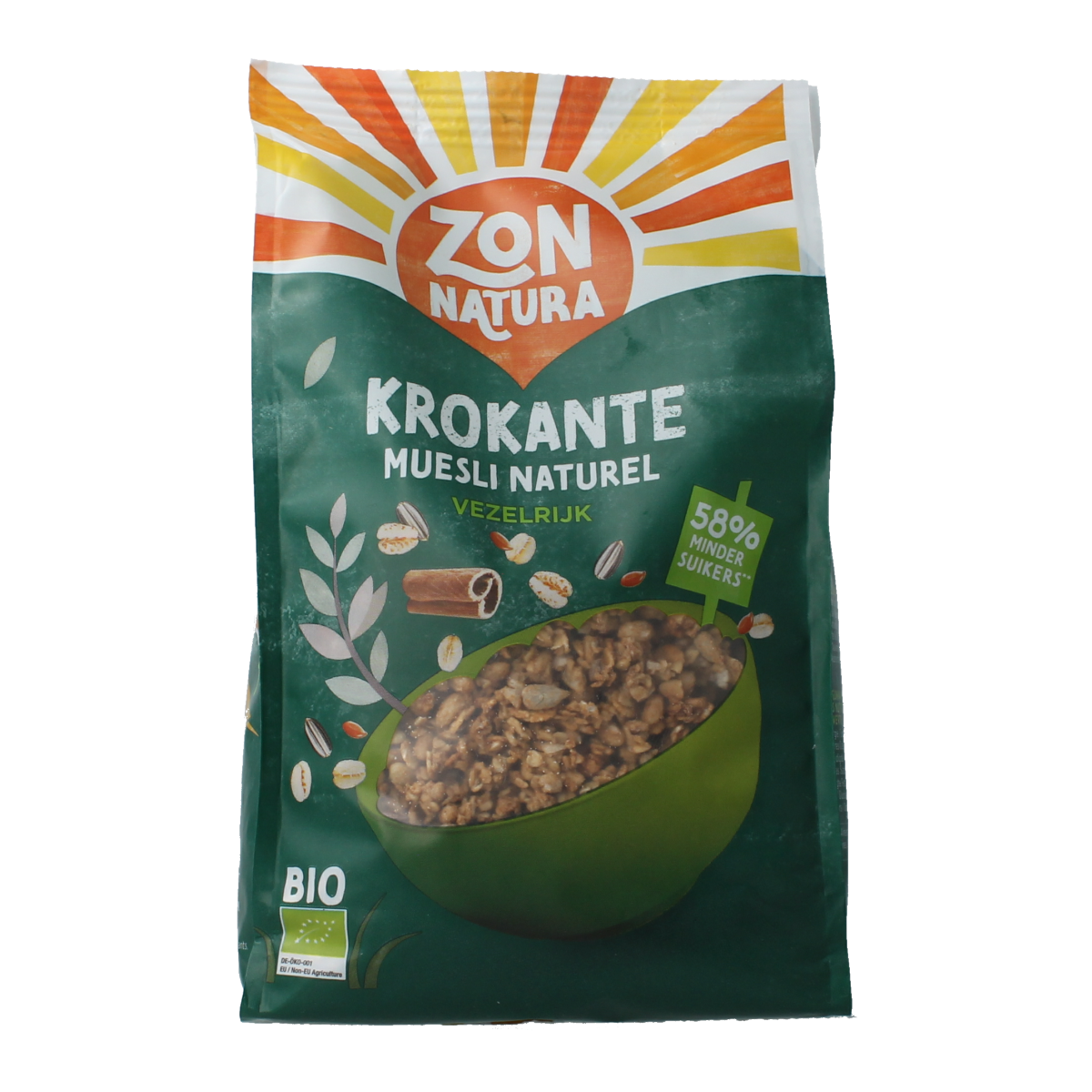 Zonnatura Krokante Muesli Naturel Bio, 375g, organic breakfast cereal with crunchy oats and nuts in a bowl