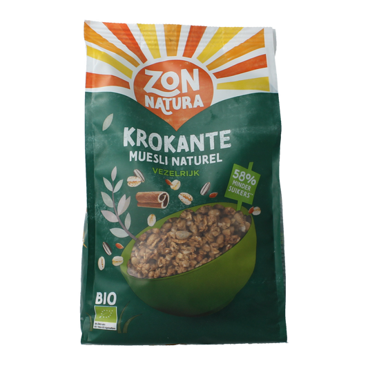 Zonnatura Krokante Muesli Naturel Bio, 375g, organic breakfast cereal with crunchy oats and nuts in a bowl
