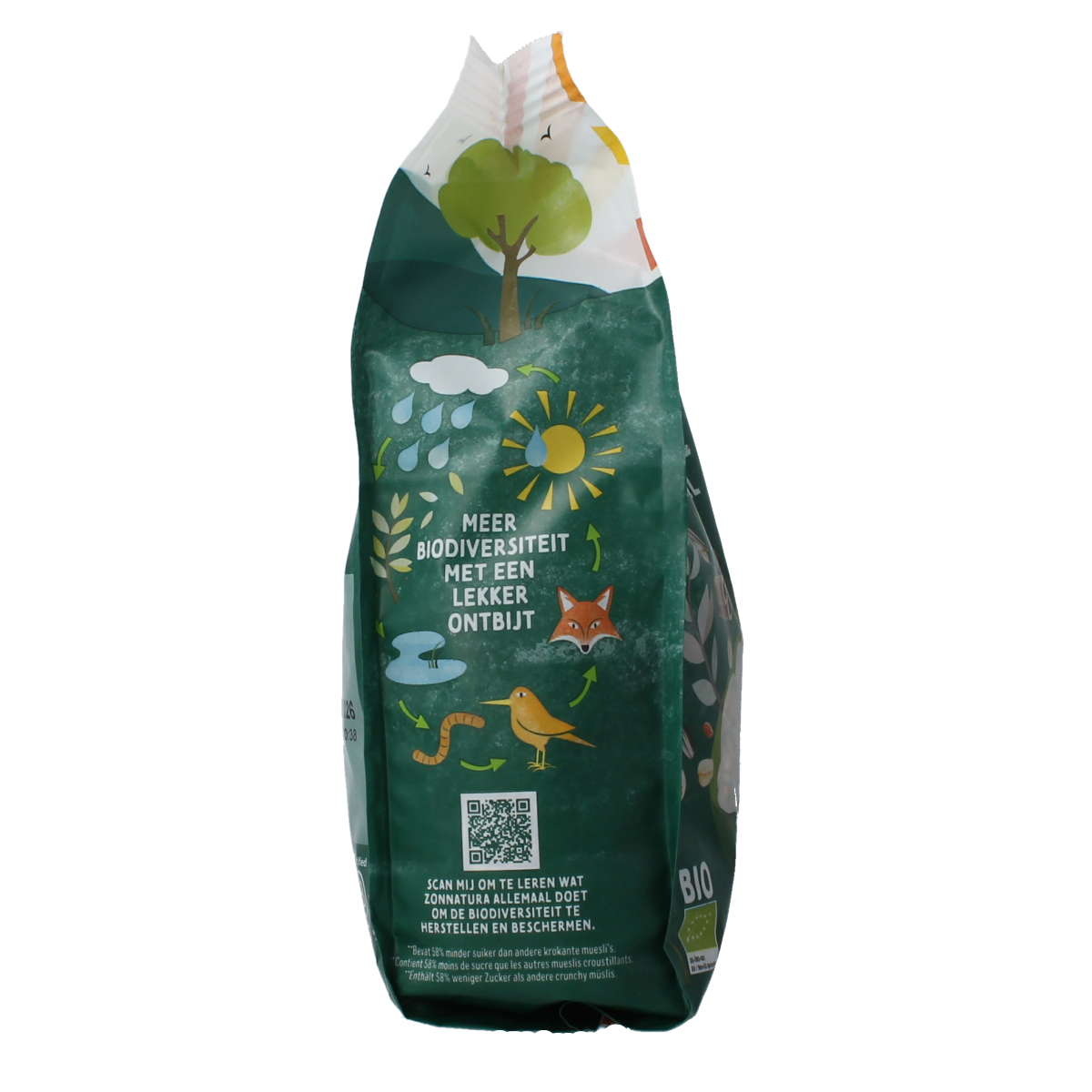 Zonnatura Krokante Muesli Naturel Bio, 375g, crunchy organic breakfast cereal in a clear bowl with wooden spoon
