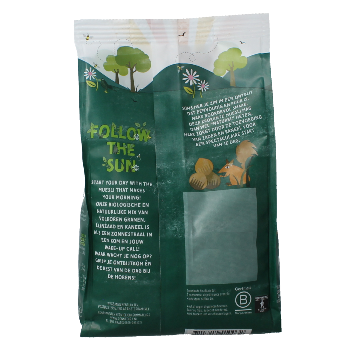 Zonnatura Krokante Muesli Naturel Bio, 375g, crunchy breakfast cereal with organic ingredients in a clear bowl