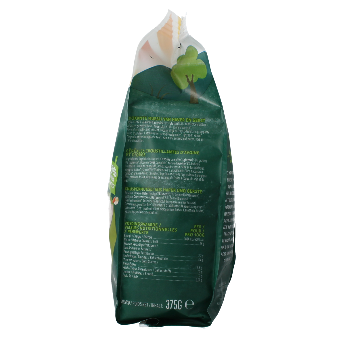 Zonnatura Krokante Muesli Naturel Bio, 375g, crispy breakfast grains in a bowl with nuts and dried fruit.