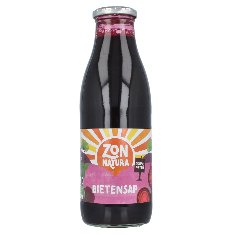Glass of Zonnatura organic beet juice in a 750ml bottle, showcasing fresh, vibrant beetroot liquid and natural packaging.