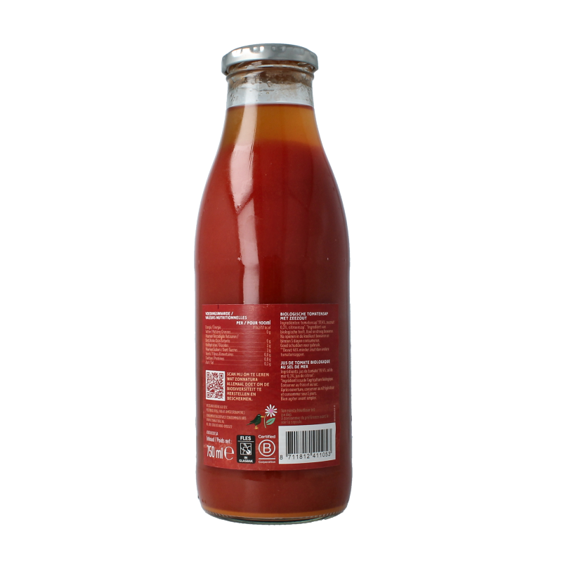 Zonnatura organic tomato juice in a 750ml bottle, showing fresh red tomatoes and the Zonnatura brand label.