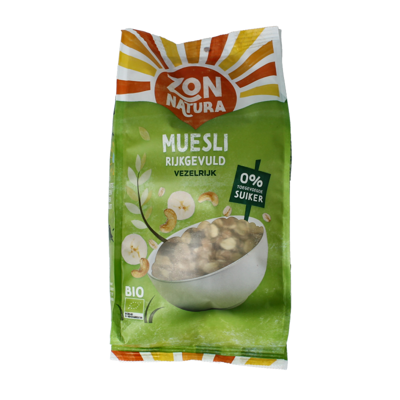 Zonnatura bio Muesli rijk gevuld ontbijtgranen with mixed nuts and dried fruits in a 475g package, close-up view of the product.