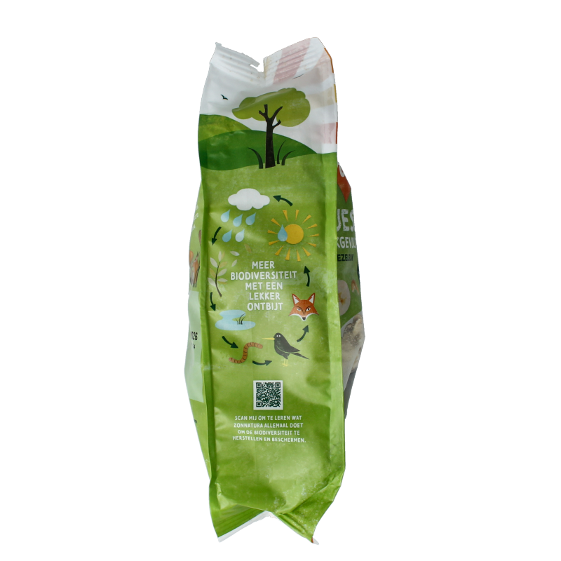 Zonnatura bio muesli rijk gevuld ontbijtgranen in 475g package with mixed grains and dried fruits on the label