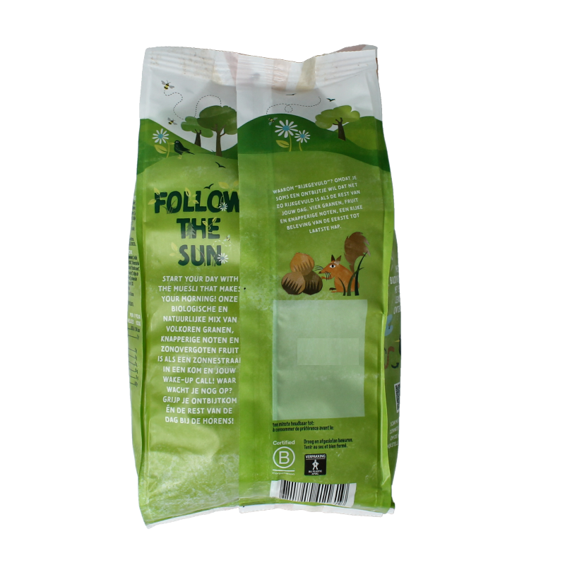 Zonnatura Muesli rijk gevuld bio breakfast cereal in 475g package with mixed grains, nuts, and dried fruits, natural and organic.