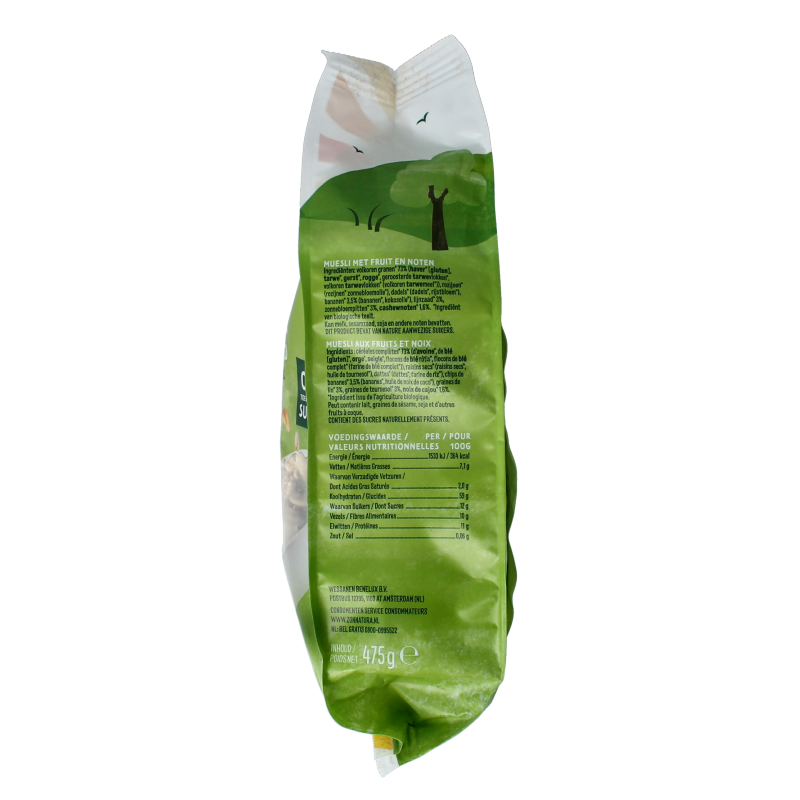 Zonnatura Muesli rijk gevuld bio breakfast cereal in a 475g package, featuring a colorful assortment of grains and dried fruits.