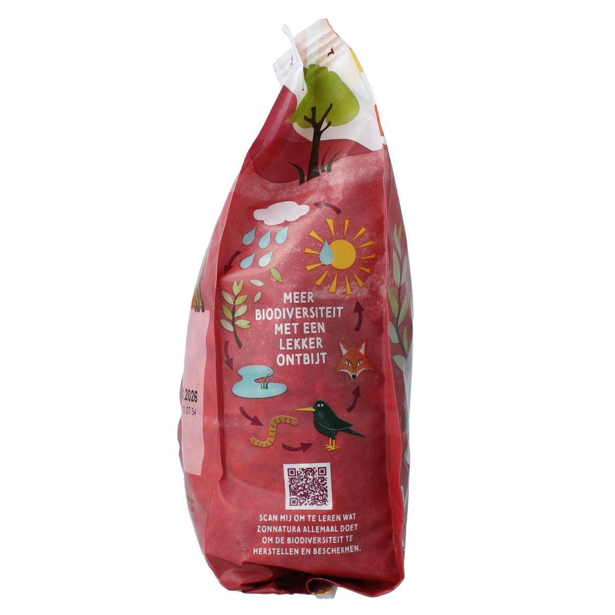 Zonnatura Muesli Rood Fruit bio breakfast cereal in a 375g package with dried red fruits and grains.
