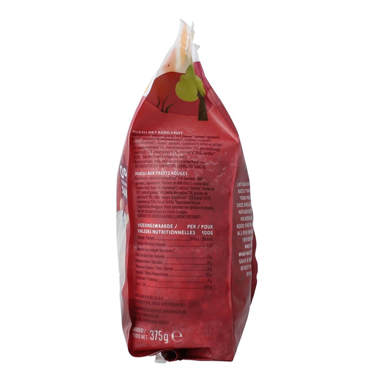 Zonnatura Muesli rood fruit bio breakfast cereal in a 375g package, featuring colorful dried red fruits and grains.