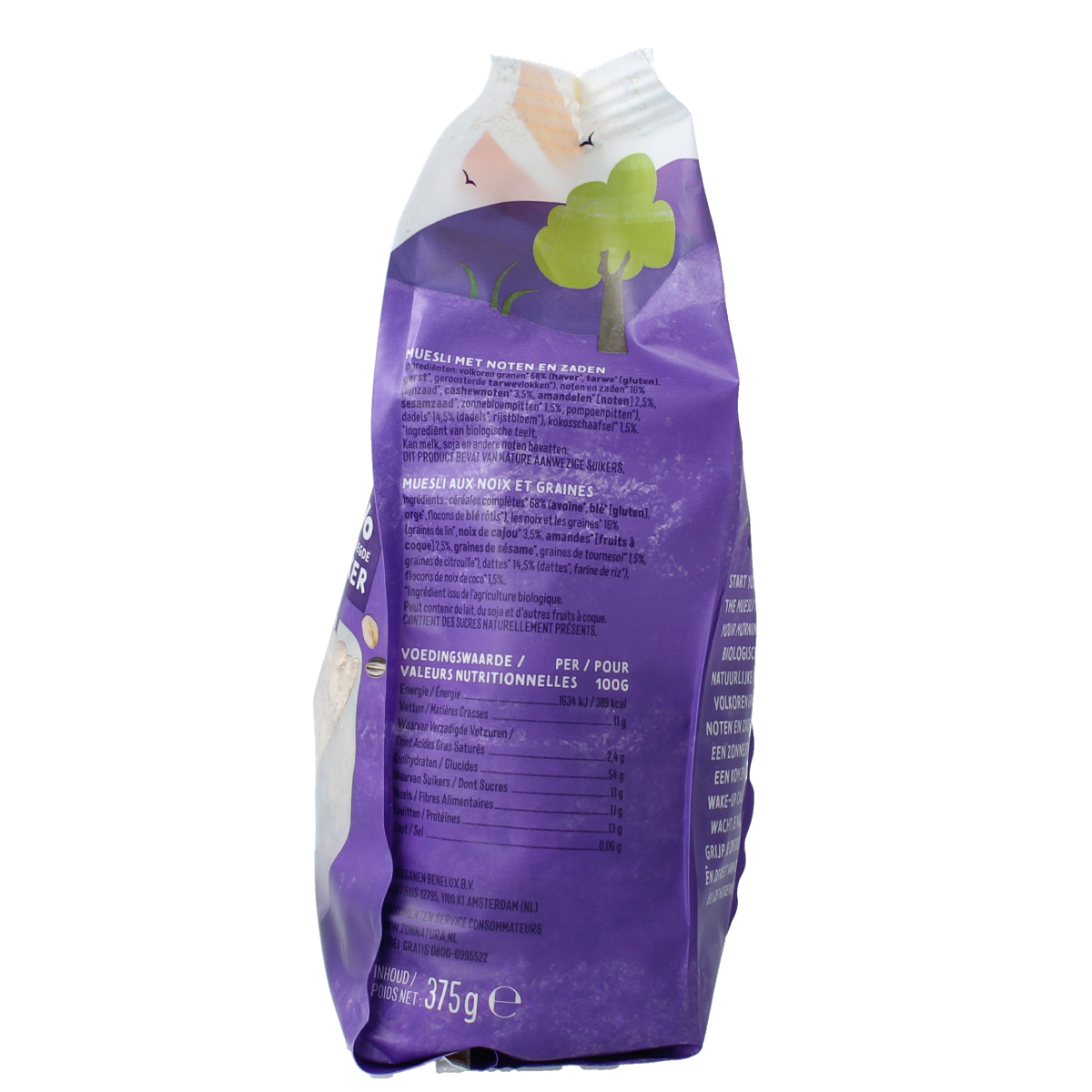 Zonnatura bio muesli with nuts and seeds in a 375g package, natural breakfast grains with mixed nuts and seeds.