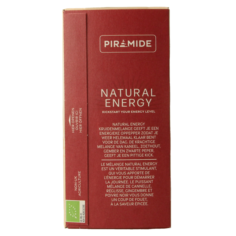 Piramide Natural Energy Bio coffee and tea sachets box with 20 biodegradable pyramid-shaped tea bags.