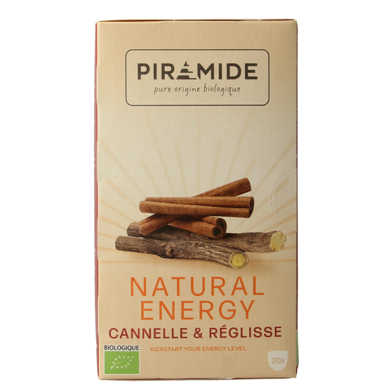 Piramide Natural Energy Bio coffee and tea sachets, eco-friendly packaging, with 20 biodegradable filter bags for organic brewing.
