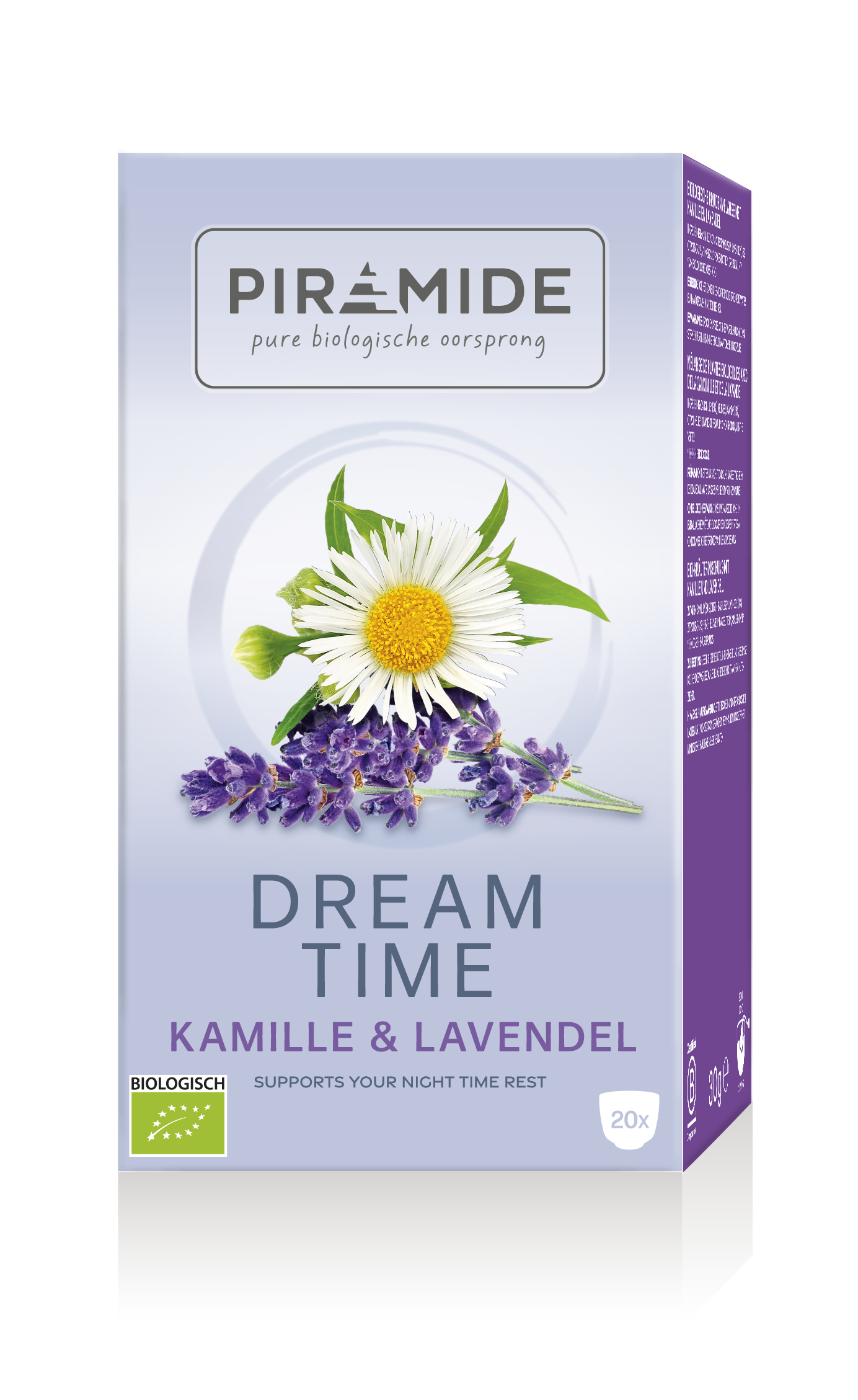 Piramide Dream Time Bio coffee and tea pyramid tea bags, organic herbal blend in a box, with a close-up of the packaging.
