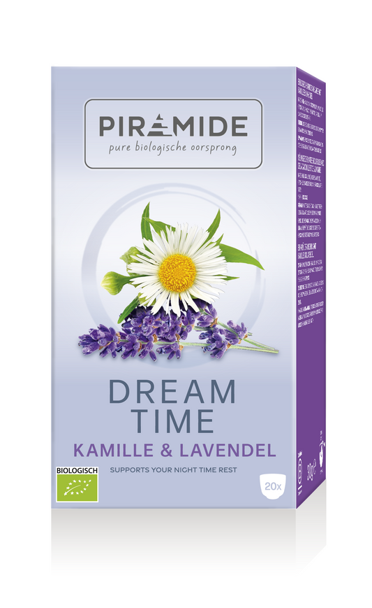 Piramide Dream Time Bio coffee and tea pyramid tea bags, organic herbal blend in a box, with a close-up of the packaging.