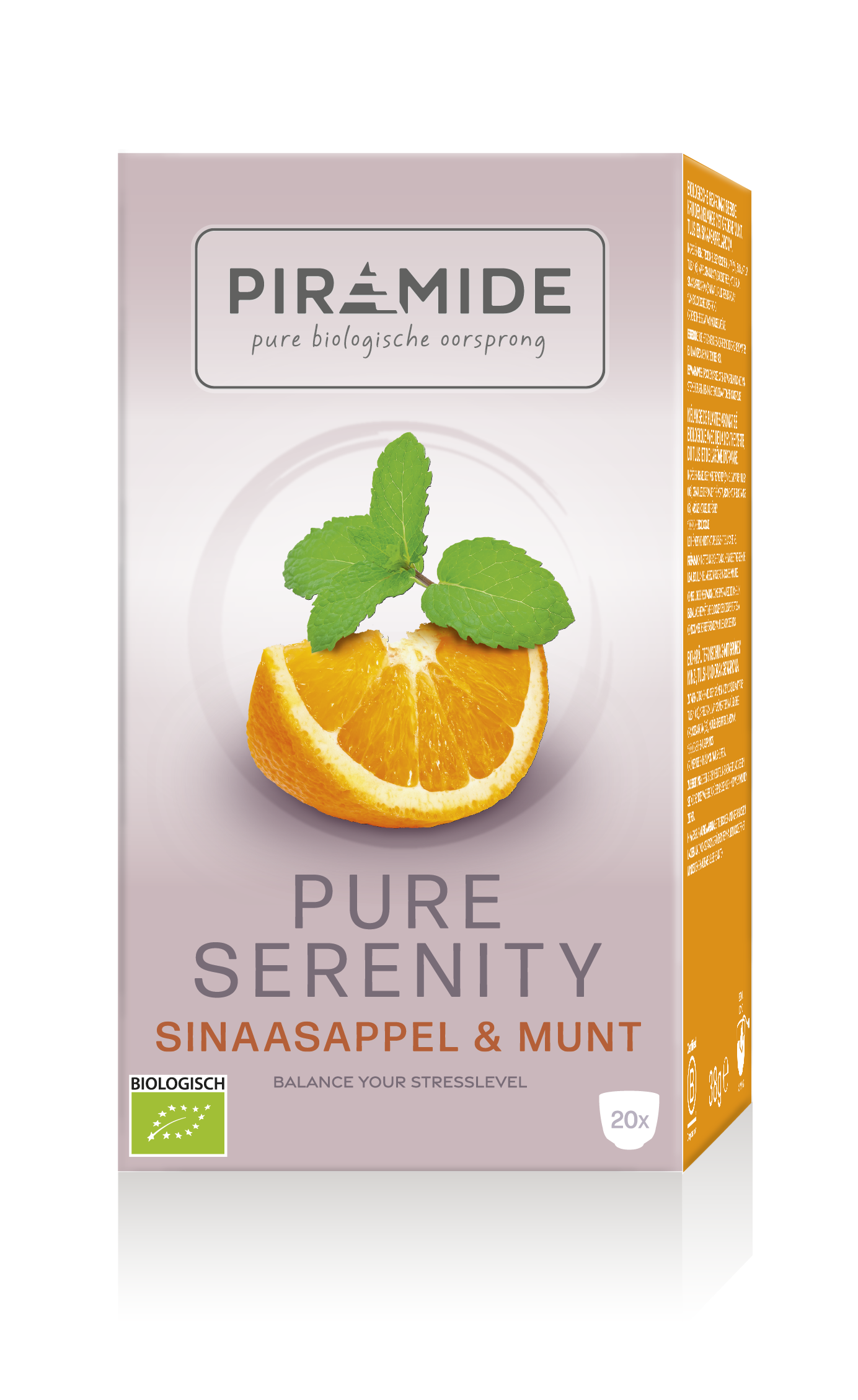 Piramide Pure Serenity Bio tea bags, eco-friendly packaging, arranged in a box with green and white design.