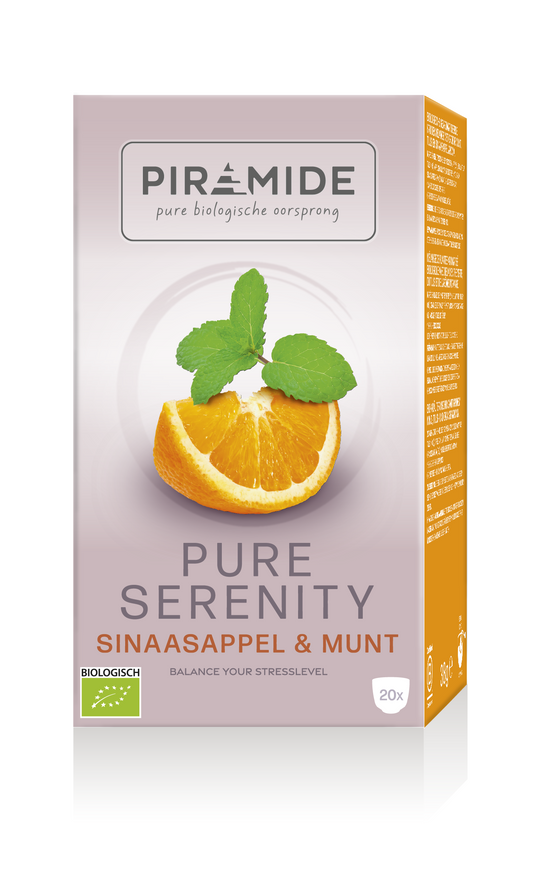 Piramide Pure Serenity Bio tea bags, eco-friendly packaging, arranged in a box with green and white design.