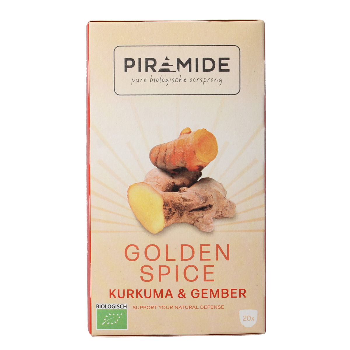Piramide Golden Spice bio coffee and tea pyramid tea bags, 20-pack, with golden packaging and natural herbal ingredients.