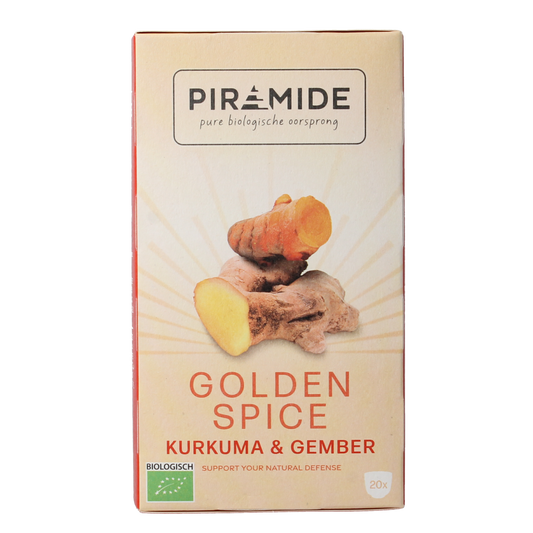 Piramide Golden Spice bio coffee and tea pyramid tea bags, 20-pack, with golden packaging and natural herbal ingredients.