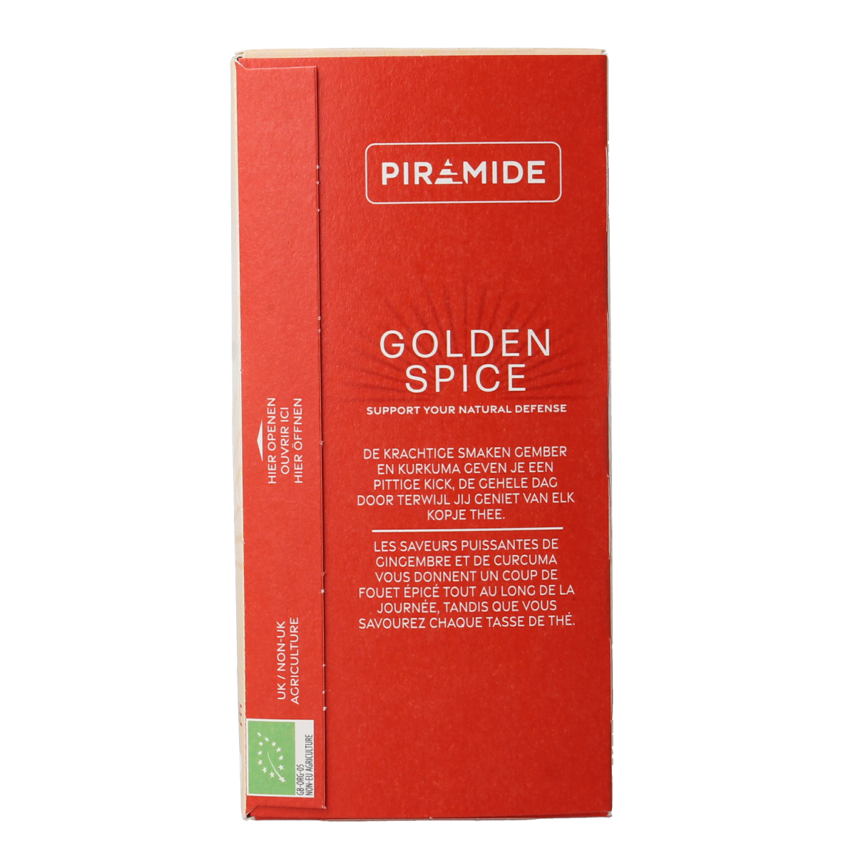 Piramide Golden Spice bio coffee and tea pyramid tea bags, 20-count, with golden packaging and natural herbal blend.