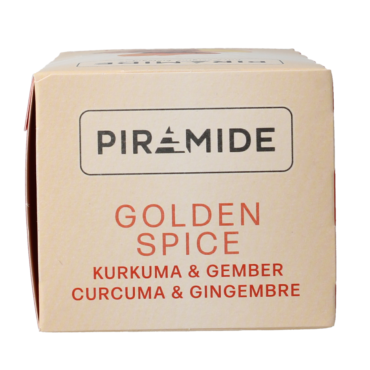 Piramide Golden Spice bio coffee and tea pyramid tea bags, 20-pack, with golden packaging and natural herbal blend.