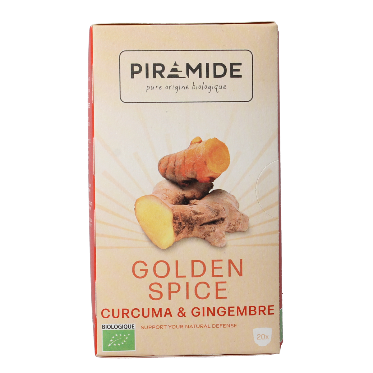 Piramide Golden Spice bio coffee and tea pyramid tea bags, 20 packs, with golden packaging and natural herbal ingredients.