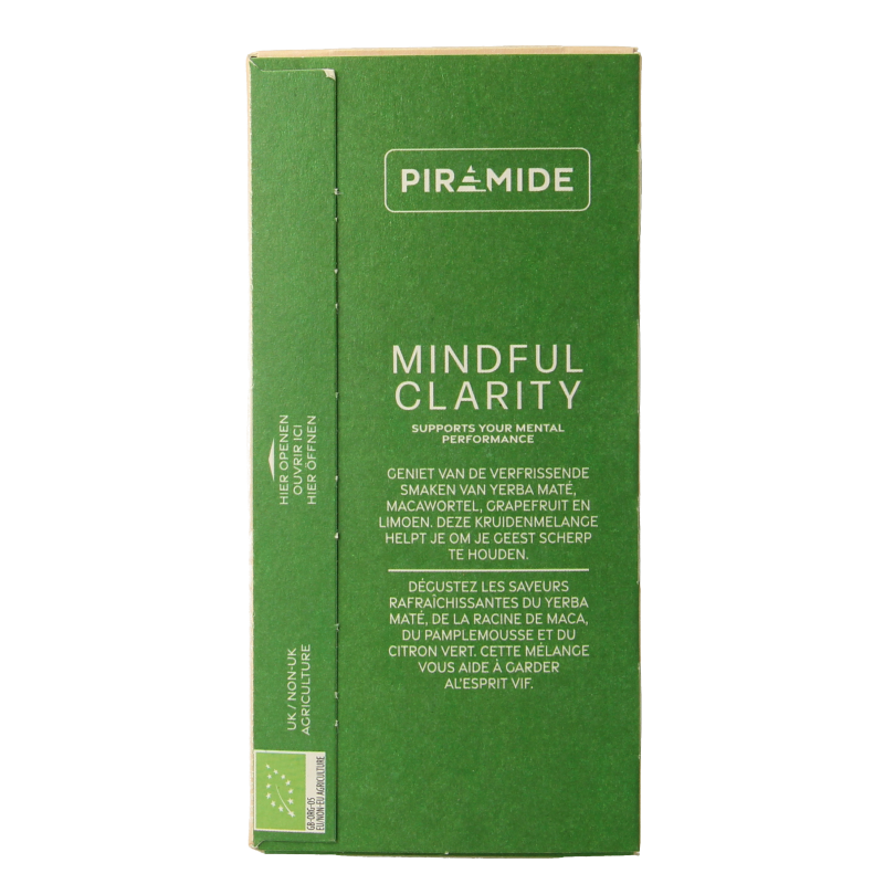Piramide Mindful Clarity Bio coffee and tea pyramid tea bags, 20-count, with natural packaging and tea leaves visible.