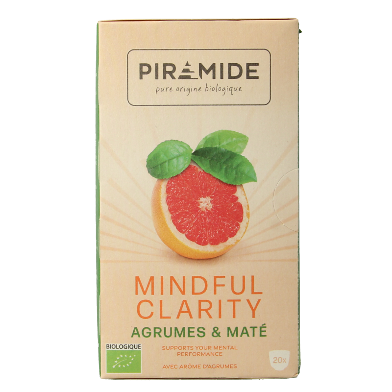 Piramide Mindful Clarity Bio coffee and tea pyramid tea bags, 20-pack, with natural herbal ingredients in biodegradable pyramid sachets.
