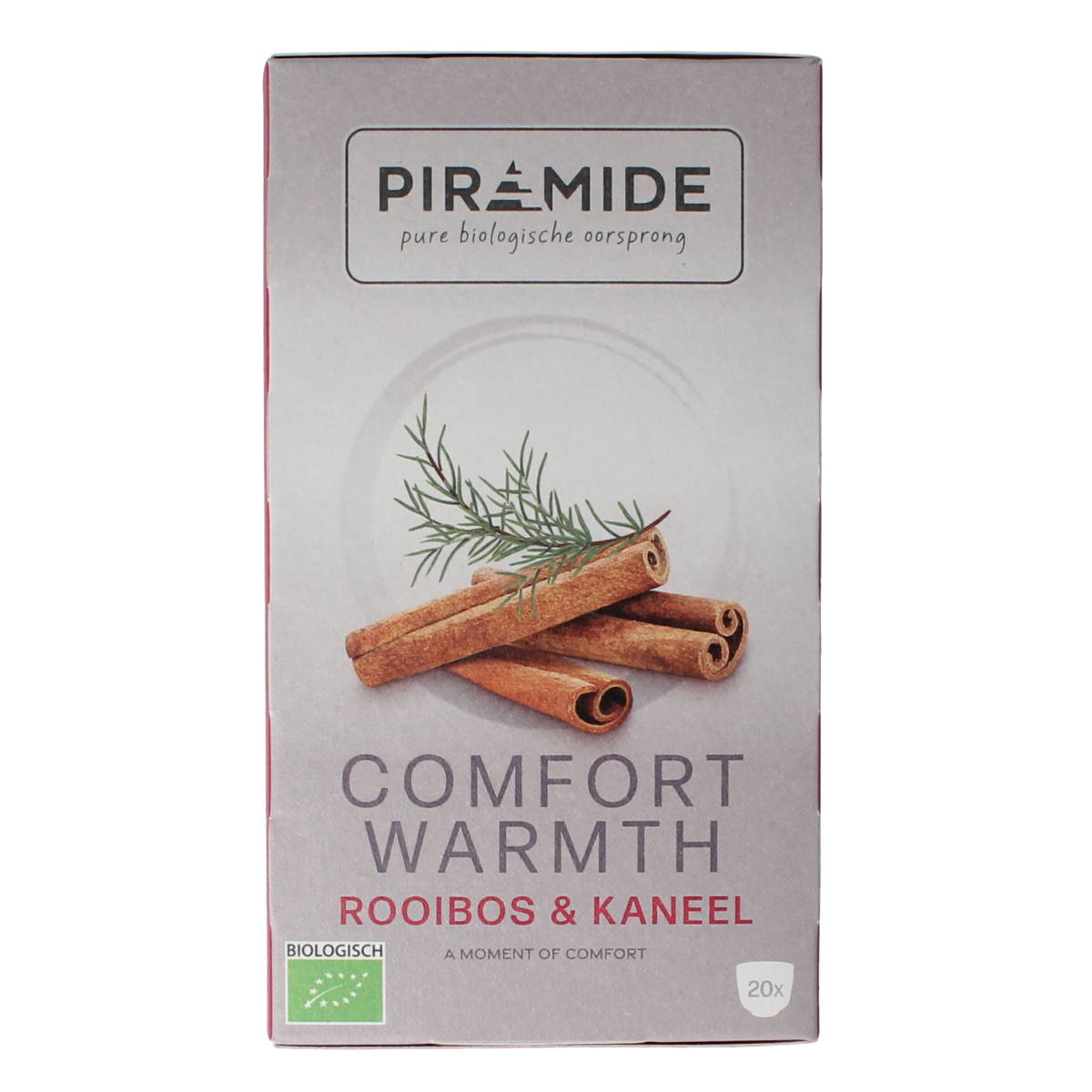 Piramide Comfort warmth bio coffee and tea pyramid tea bags in a box, organic and eco-friendly packaging.