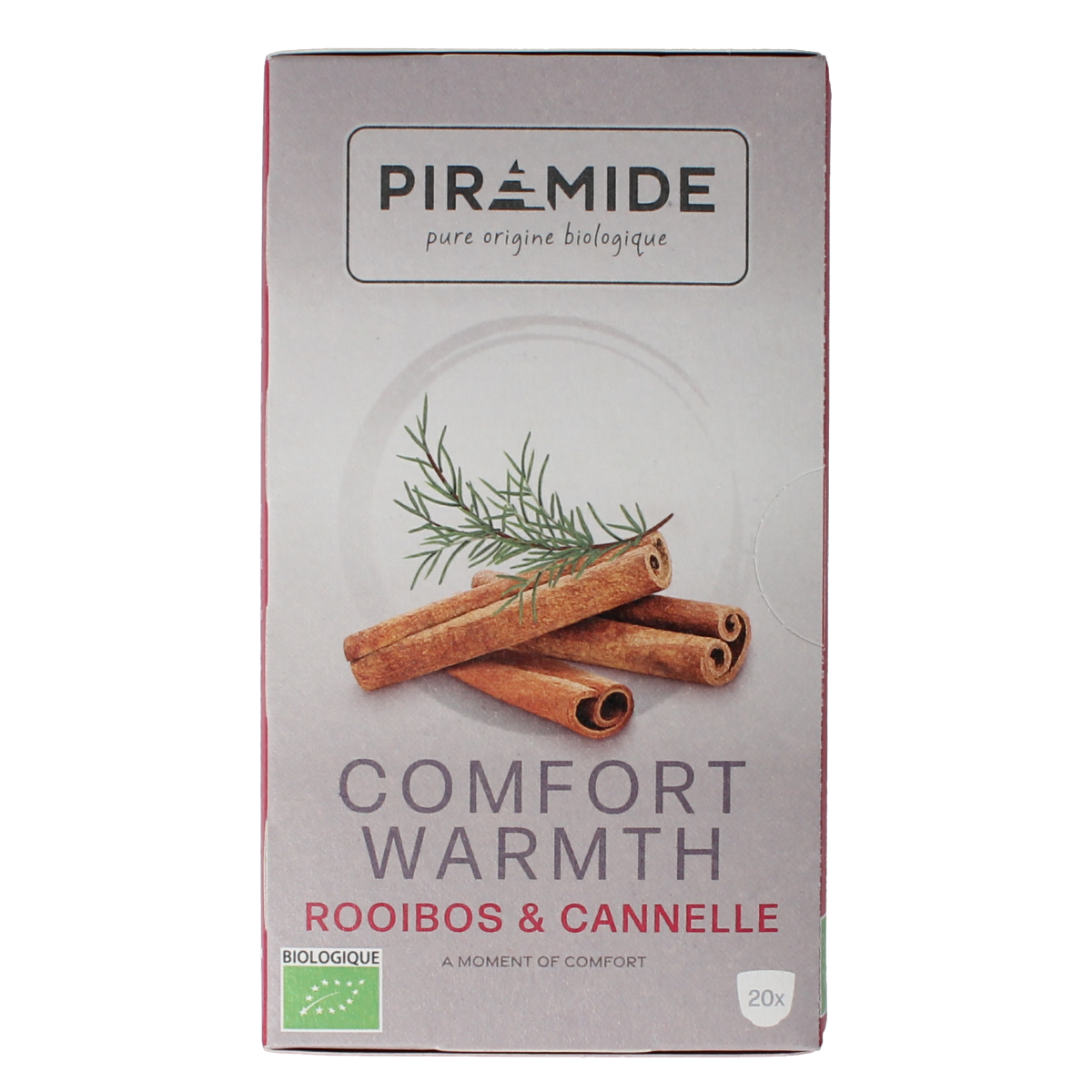 Piramide Comfort warmth bio coffee and tea sachets, 20-pack, organic herbal blend in individual pyramid tea bags.