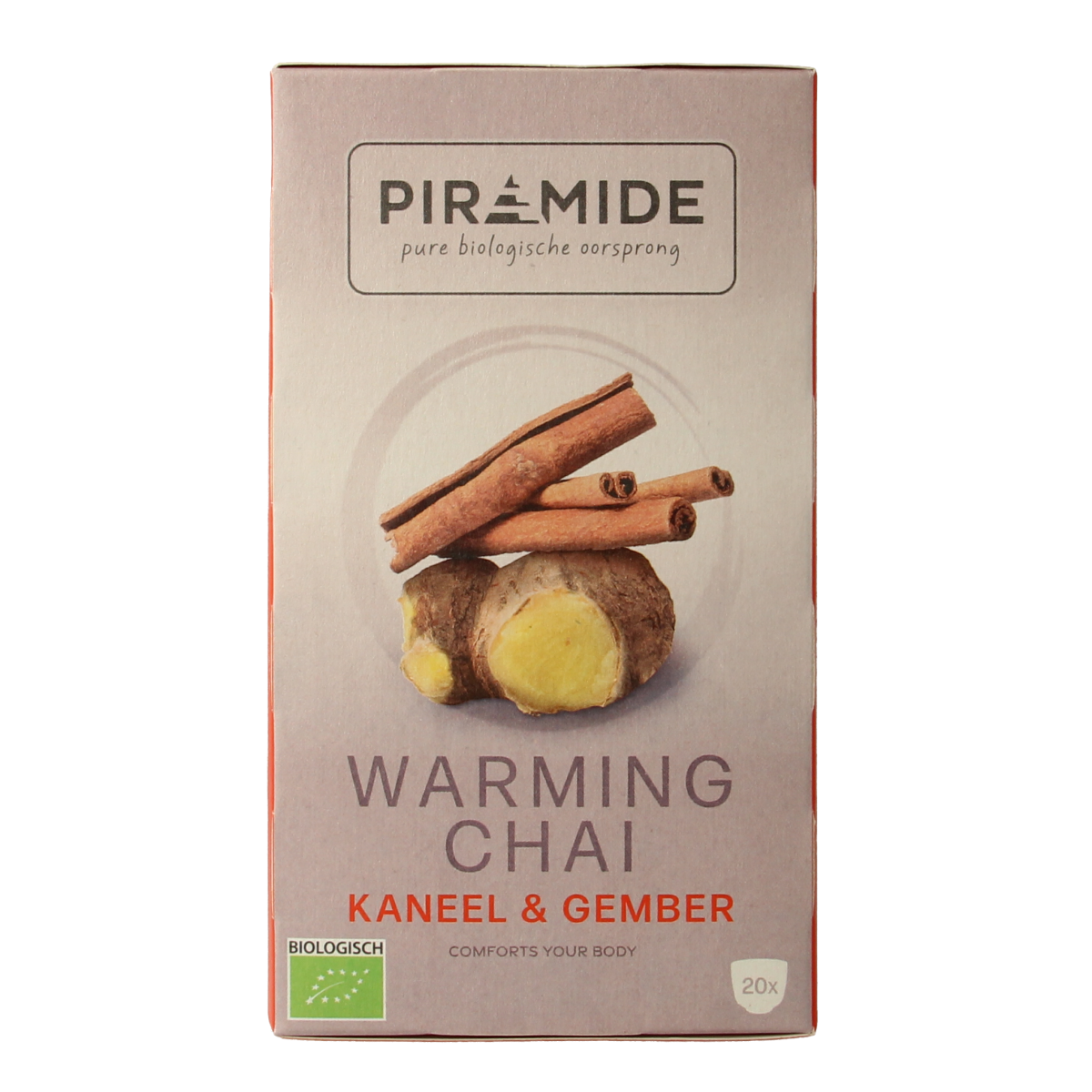 Piramide Warming chai bio tea bags, 20 count, in a box with individual tea bag packets visible.