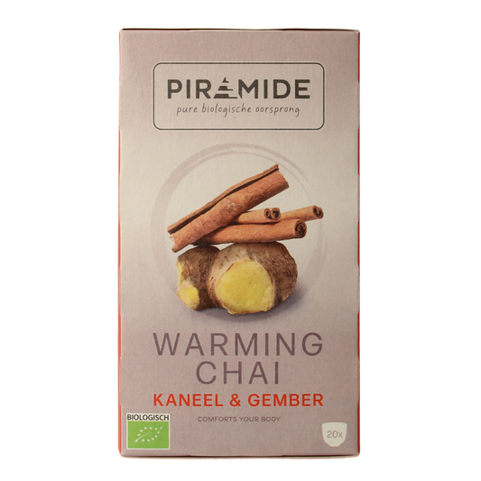 Piramide Warming chai bio tea bags, 20 count, in a box with individual tea bag packets visible.